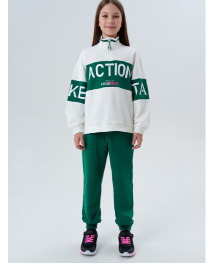 Комплект трикотажный для девочек: толстовка, брюки темно-зеленый,молочный
