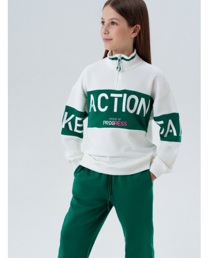 Комплект трикотажный для девочек: толстовка, брюки темно-зеленый,молочный