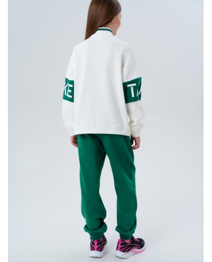 Комплект трикотажный для девочек: толстовка, брюки темно-зеленый,молочный