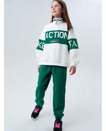 Комплект трикотажный для девочек: толстовка, брюки темно-зеленый,молочный