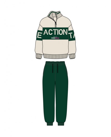 Комплект трикотажный для девочек: толстовка, брюки темно-зеленый,молочный