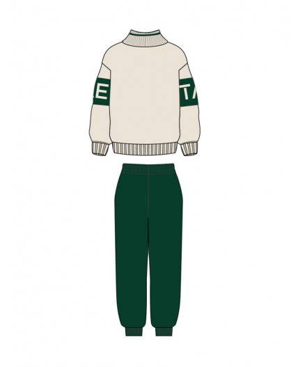 Комплект трикотажный для девочек: толстовка, брюки темно-зеленый,молочный