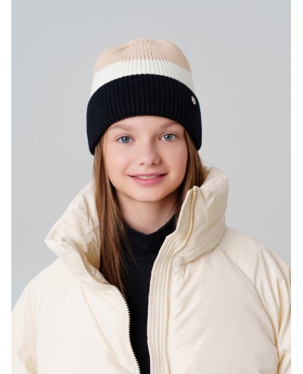 Шапка трикотажная для девочек бежевый,белый,черный