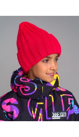 Шапка вязаная с отворотом для девочки розовый неоновый