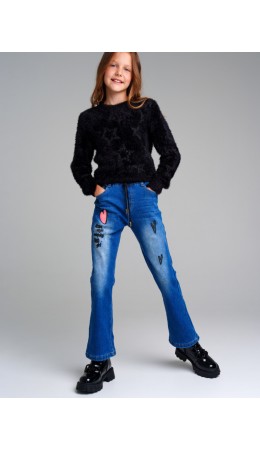 Брюки текстильные джинсовые утепленные флисом для девочек синий