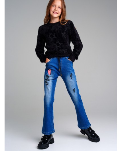Брюки текстильные джинсовые утепленные флисом для девочек синий
