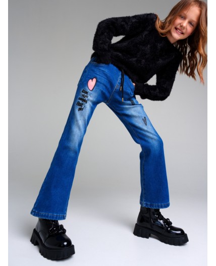 Брюки текстильные джинсовые утепленные флисом для девочек синий
