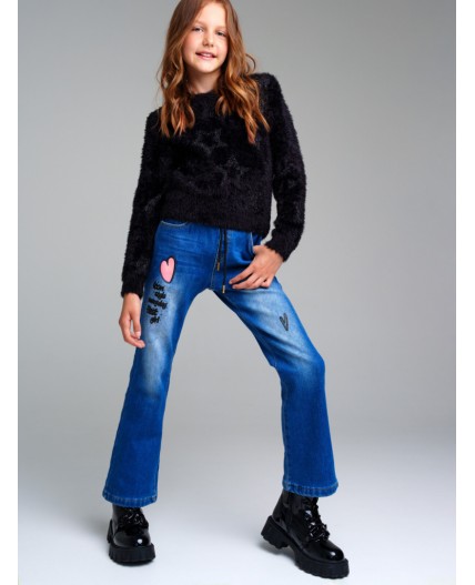Брюки текстильные джинсовые утепленные флисом для девочек синий