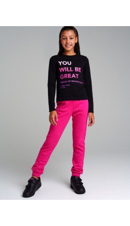 Брюки трикотажные для девочек черный,фуксия
