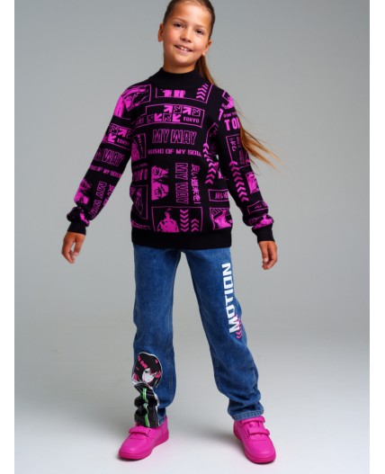 Джемпер трикотажный для девочек черный,фуксия