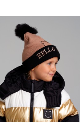 Шапка трикотажная для девочек черный,бежевый
