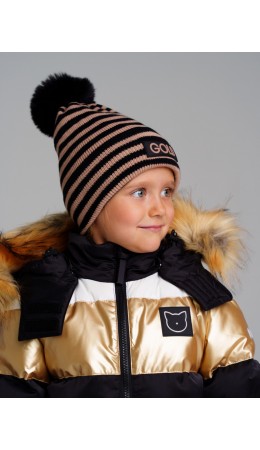 Шапка трикотажная для девочек черный,бежевый