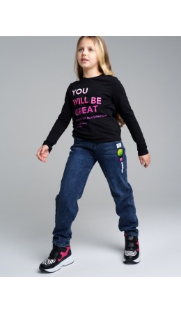 Брюки текстильные джинсовые утепленные флисом для девочек черный