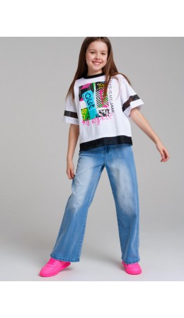 Брюки текстильные джинсовые для девочек разноцветный