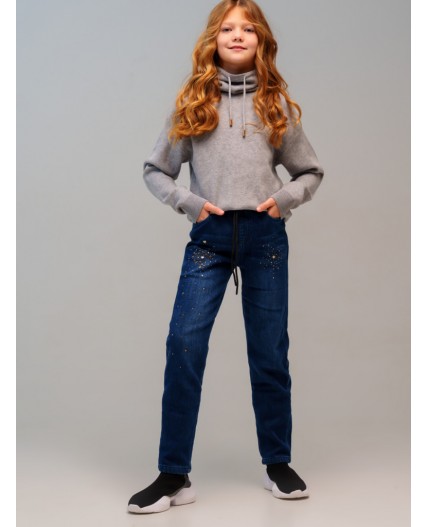 Брюки текстильные джинсовые утепленные для девочек синий