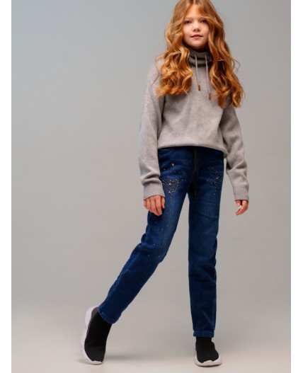 Брюки текстильные джинсовые утепленные для девочек синий