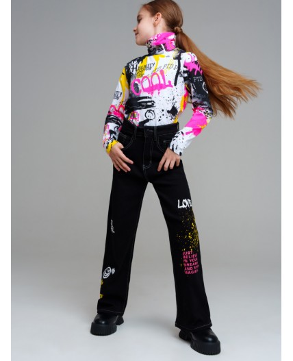 Брюки текстильные джинсовые утепленные для девочек черный