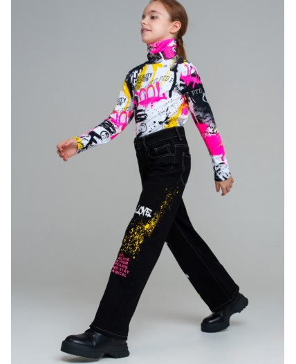 Брюки текстильные джинсовые утепленные для девочек черный