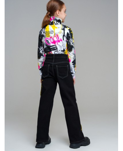 Брюки текстильные джинсовые утепленные для девочек черный