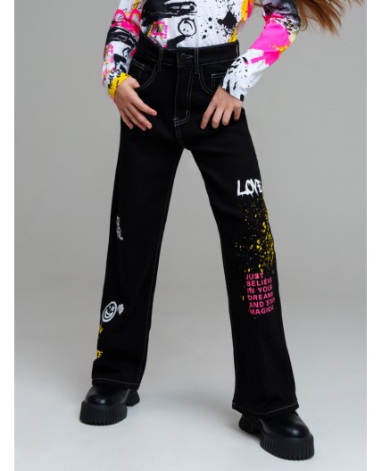 Брюки текстильные джинсовые утепленные для девочек черный