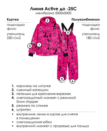 Комплект текстильный с полиуретановым покрытием для девочек: куртка, полукомбинезон фуксия,белый,черный