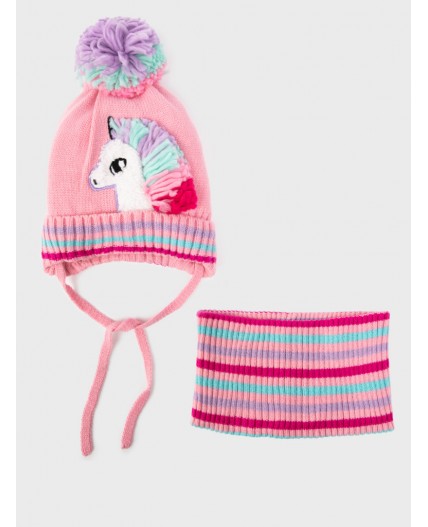 Комплект детский трикотажный для девочек: шапка, снуд розовый