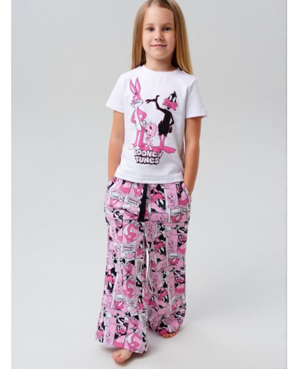 Комплект трикотажный для девочек: фуфайка (футболка), брюки белый,розовый