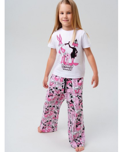 Комплект трикотажный для девочек: фуфайка (футболка), брюки белый,розовый