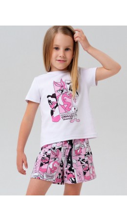 Комплект трикотажный для девочек: фуфайка (футболка), шорты белый,розовый