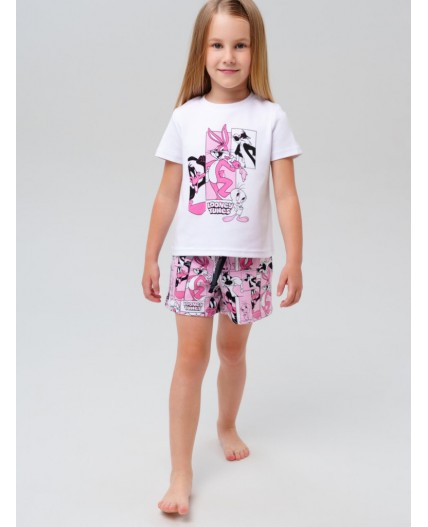 Комплект трикотажный для девочек: фуфайка (футболка), шорты белый,розовый