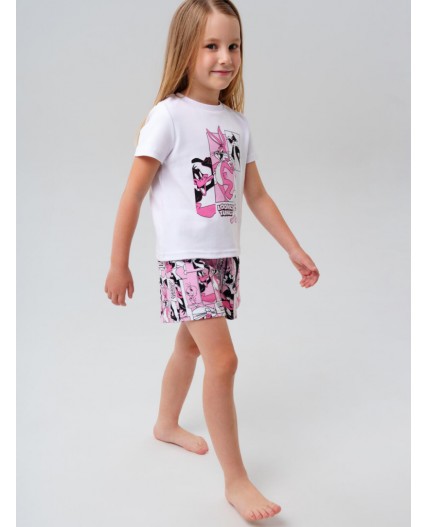 Комплект трикотажный для девочек: фуфайка (футболка), шорты белый,розовый