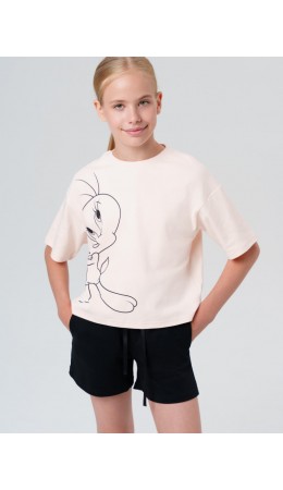 Комплект трикотажный для девочек: фуфайка (футболка), шорты бежевый,черный