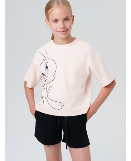 Комплект трикотажный для девочек: фуфайка (футболка), шорты бежевый,черный