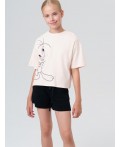 Комплект трикотажный для девочек: фуфайка (футболка), шорты бежевый,черный