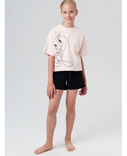 Комплект трикотажный для девочек: фуфайка (футболка), шорты бежевый,черный