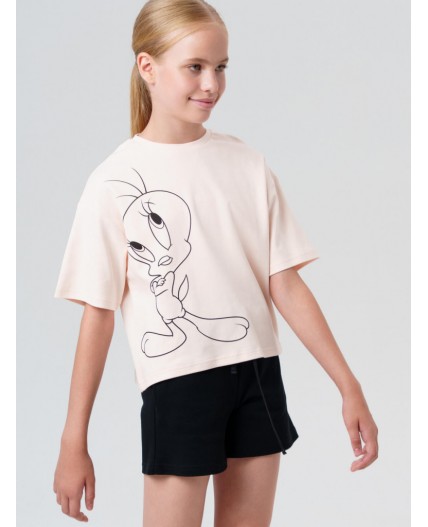 Комплект трикотажный для девочек: фуфайка (футболка), шорты бежевый,черный