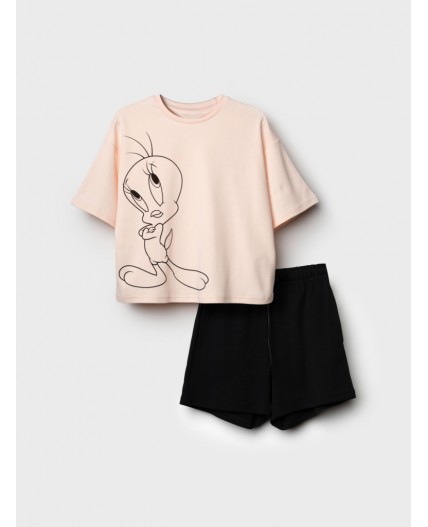 Комплект трикотажный для девочек: фуфайка (футболка), шорты бежевый,черный