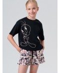 Комплект трикотажный для девочек: фуфайка (футболка), шорты черный,бежевый