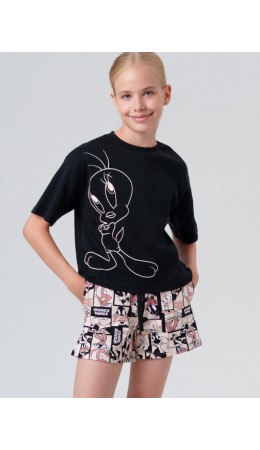 Комплект трикотажный для девочек: фуфайка (футболка), шорты черный,бежевый