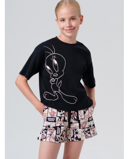 Комплект трикотажный для девочек: фуфайка (футболка), шорты черный,бежевый