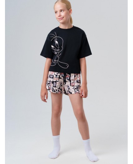 Комплект трикотажный для девочек: фуфайка (футболка), шорты черный,бежевый