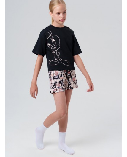 Комплект трикотажный для девочек: фуфайка (футболка), шорты черный,бежевый