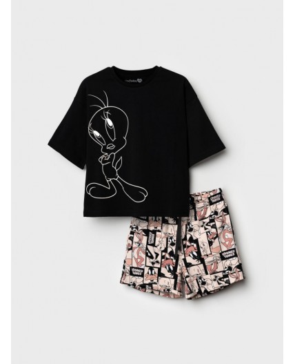 Комплект трикотажный для девочек: фуфайка (футболка), шорты черный,бежевый