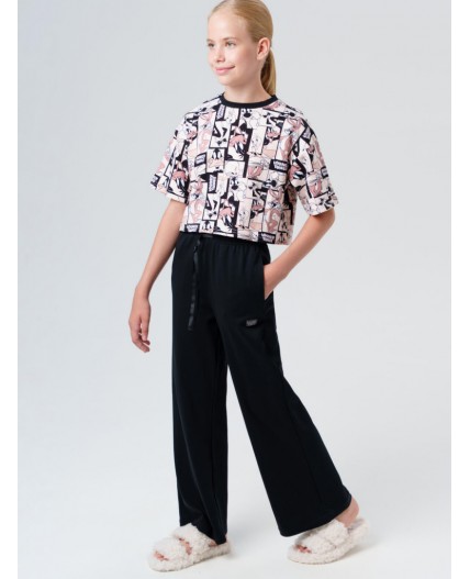 Комплект трикотажный для девочек: фуфайка (футболка), брюки бежевый,черный