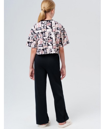 Комплект трикотажный для девочек: фуфайка (футболка), брюки бежевый,черный