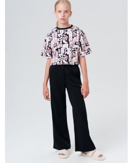 Комплект трикотажный для девочек: фуфайка (футболка), брюки бежевый,черный