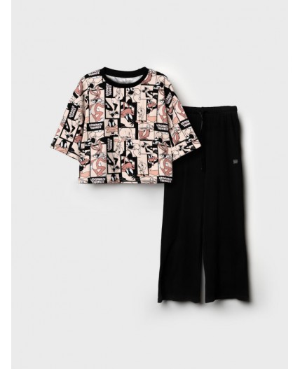 Комплект трикотажный для девочек: фуфайка (футболка), брюки бежевый,черный