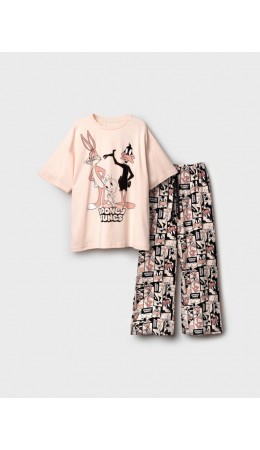 Комплект трикотажный для девочек: фуфайка (футболка), брюки бежевый