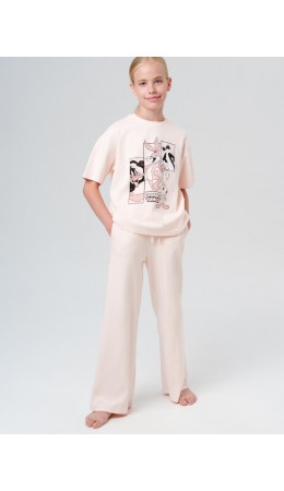 Комплект трикотажный для девочек: фуфайка (футболка), брюки бежевый