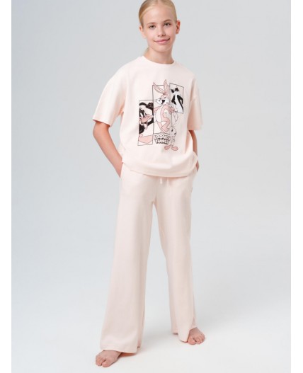 Комплект трикотажный для девочек: фуфайка (футболка), брюки бежевый